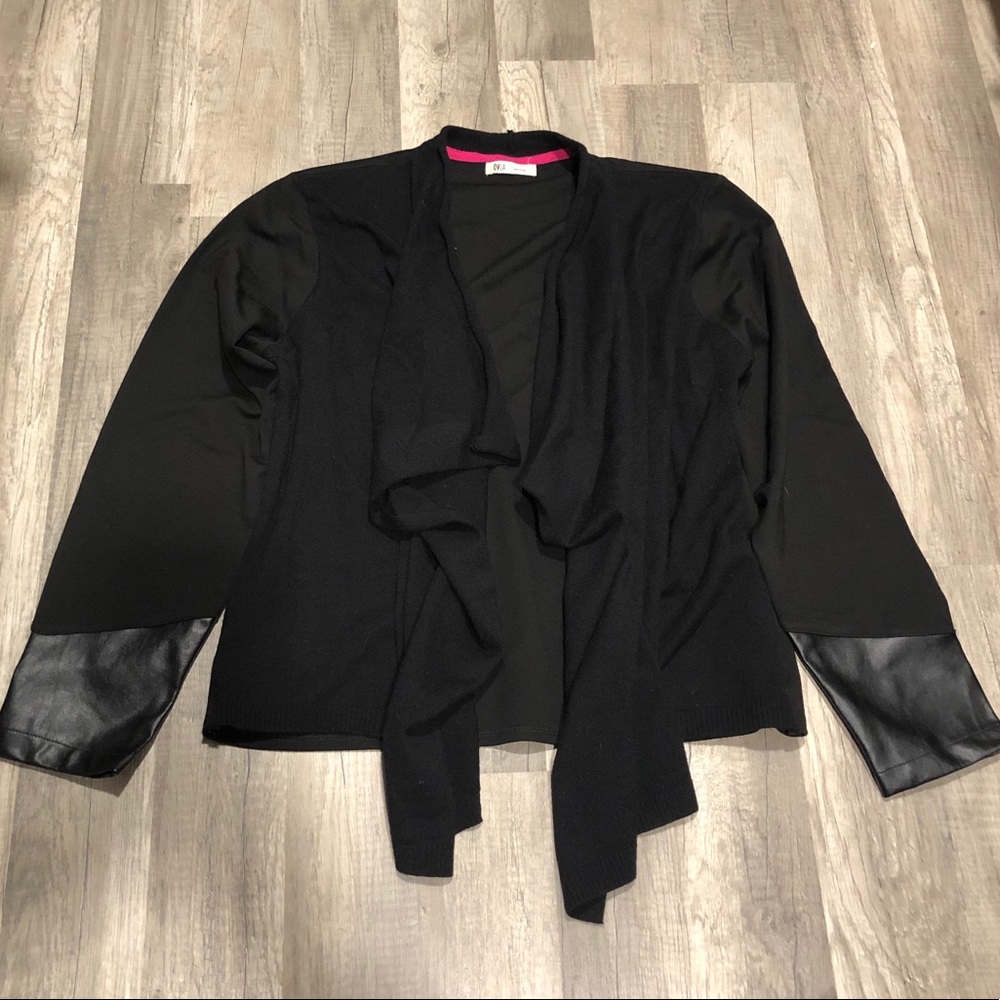 Anthropologie OLVA Black Flyaway Open Cardigan Leather Sleeve